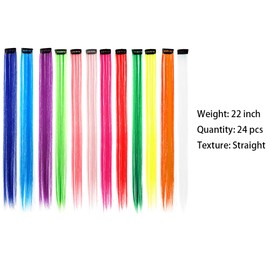 24 PCS Colored Hair Extensions, 22 Inch Long Straight Clip in Hair Extensions Rainbow Hairpieces Multicolor Synthetic Hair Party Highlights Hair Accessories for Girls Women Kids Gift(12 Colors)