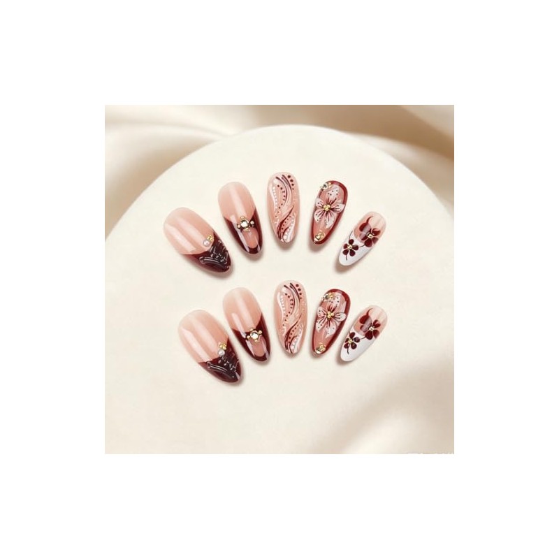 Uñas postizas francesas medianas almendradas con diseño floral 3D marrón,