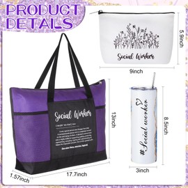 Sieral 3 Pcs Social Worker Appreciation Gift Set 20 oz Stainless Steel Tumbler with Straw, Canvas Makeup Bag and Tote Bag for Women, Staff, Colleagues, Nurse Week, Volunteers Graduation Gifts(Purple)