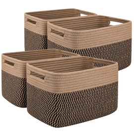 OIAHOMY 4 Pack Storage Baskets for Organizing, Basket for Shelves with Handle, Woven Baskets for Storage Toys, Towels, Books, Cotton Rope Basket 13" L x 9 " W x 7.8 " H, Brown & Black
