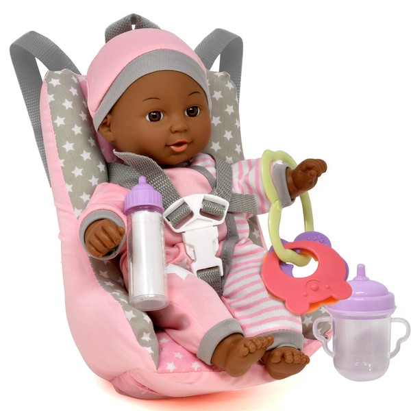Baby Doll Car Seat with Toy Accessories, Includes 12 Inch Soft Body Doll, Booster Seat Carrier, Rattle Toy, Bib and 2 Bottles, A Travel Gift Set for Toddlers Infants Girls and Boys