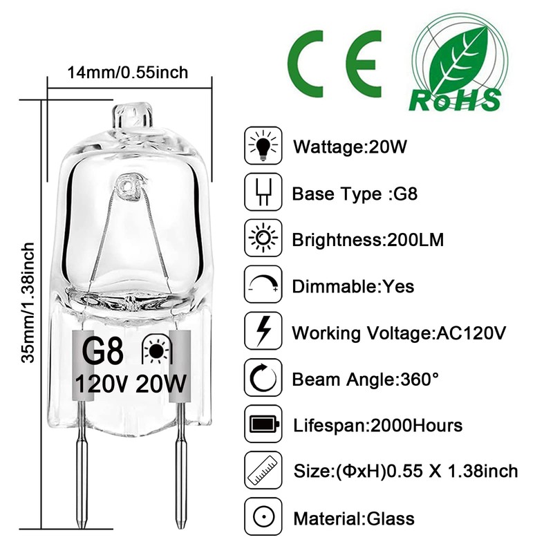 VITUNOV G8 Halogen Bulb 120V 20W Xenon Under Cabinet Lighting