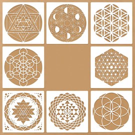 8 Pcs Sacred Geometry Stencils Painting Reusable 8×8Inch Metatron's Cube/The Flower of Life Stencils for Crafts Plastic 64 Tetrahedron Templates for DIY Wall Canvas Knit Notebook Card Wood