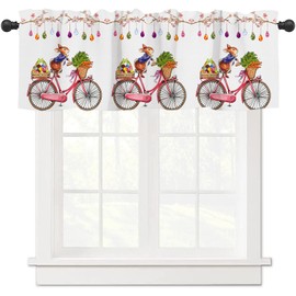 Easter Valance Bunny Rabbit Riding Bike with Eggs Window Valances Rod Pocket Curtain for Kitchen, Easter Valances for Kitchen Windows 54x18in