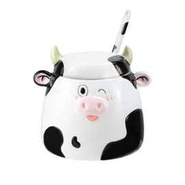 Bicuzat Cute Cow Pattern Ceramic Sugar Bowl, Cow Shaped Salt Bowl with Lid Spoon Set, 15 OZ