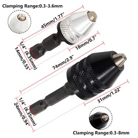 Keyless Drill Chuck 1/4 Inch Hex Shank Drill Chuck Fast Change Converter Extension Screwdriver Drill Adapter for Impact Drill Tool Attachment (0.3-8mm, 0.3-3.6mm)2 Pieces