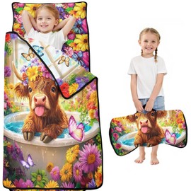 Toddler Nap Mat Kid Highland Cow Sleeping Mat with Removable Pillow and Plush Blanket Large Thickened 60''x20 for Kids Ages 3-7 Years Toddler Sleeping Bag for Daycare Preschool Travel Camping