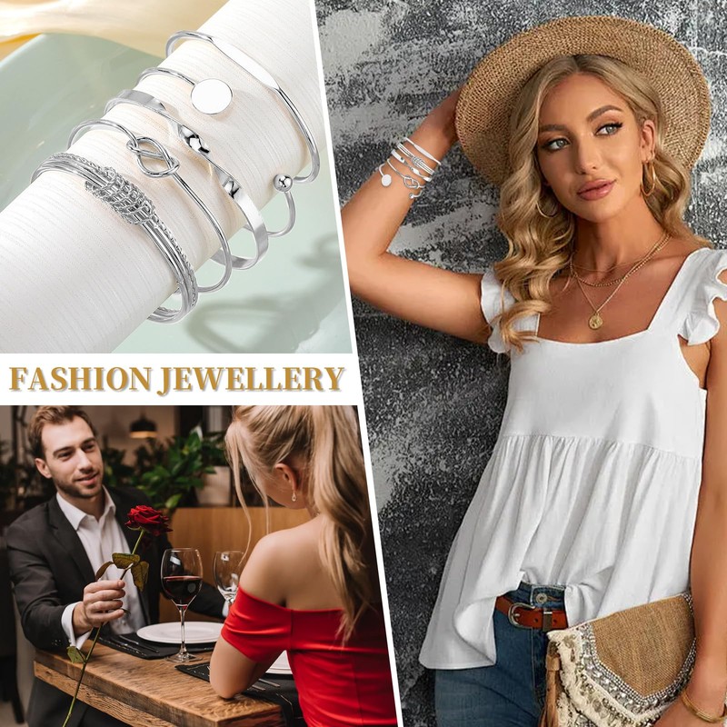 FUNOJOY Silver Bangle Bracelets Set for Women, Multi Layer Stackable