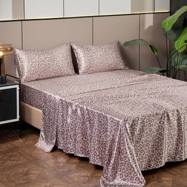 AiMay 4 Piece Queen Size Satin Bed Sheet Set Deep Pocket Leopard Pattern Luxury Silky Super Soft 1 Flat Sheet 1 Fitted Sheet 2 Envelope Pillowcases Wrinkle Free (Soft Leopard, Queen)