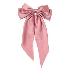 Big Layered Pink Hair Bows for Women, Silky Bow Hair Clips with Long Tail, Large Ribbon Bows for Hair, Satin French Bow Barrette, Bowknot Metal Clips Slides Hairpins Hair Accessories (Pink)