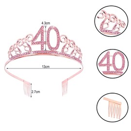 jenich Set of 2 40th Birthday Sash and Tiara Pink Birthday Sash Birthday Crown 40th Birthday Crown Princess Crystal Crown Sash for Women, 40th Birthday Gifts Party Supplies