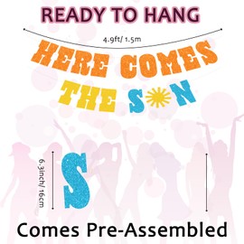 Banner pre-encordado Here Comes The Son – NO DIY – Decoraciones de baby shower – Banner de fiesta con purpurina para revelar género en escritura – Es un letrero de niño. ¿Mencionamos que no hay bricolaje?