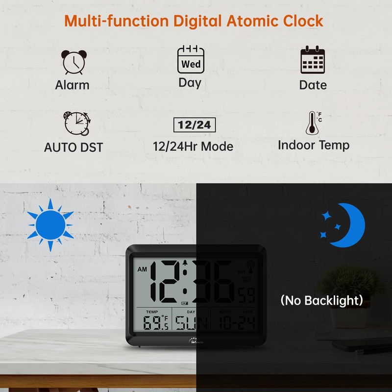 WallarGe Atomic Digital Wall Clock Battery Operated, Self-Setting, Large Display