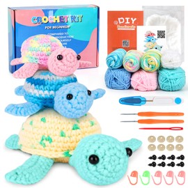 UXORSN Crochet Kit for Beginners Adults 3 Pack Turtle Family Wobbles Crochet Animal Starter Kits Complete Knitting Supplies with Yarn Hooks Step-by-Step Instructions Video Tutorials DIY Craft Gifts