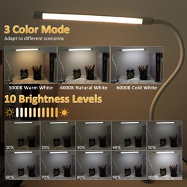 Akynite 8W Clip On Desk Light, UK Adapter Included, Flexible Gooseneck USB Lamp Bed Light, 3 Colours & 10 Brightness, Dimmable Bedside Reading Light, Desk Light Clip on for PC Office Bedroom, White