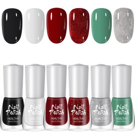 SALROAL Nail Polish Set,6 Colors Christmas Glitter Red Green Silver Quick Dry Natural White Black Red Glitter Nail Polish Quick Dry Nail Lacquer,Sparkle Winter Nail Art Manicure Gift for Girls Women