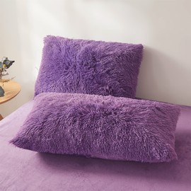 Shaggy Pillow Cases Purple 26"x20", Faux Fur Furry Plush Fuzzy Fluffy Decorative Pillow Covers Set of 2, Standard Velvet Cushion Cover with Zipper for Bedroom Interior