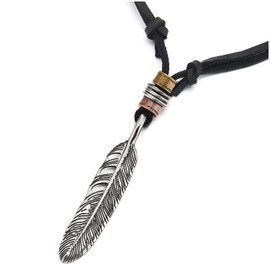 Retro Style Feather Pendant with Adjustable Black Leather Cord Unisex Necklace for Mens Womens (CA)