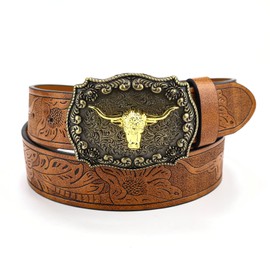 Men's and Women's Western Cowboy Belt, Bullhead Big Plate Buckle Trendy Retro Social Youth Men Punk PU Leather Belt, Brown