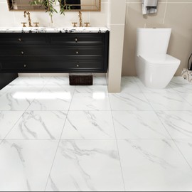 WESTICK White Grey Peel and Stick Floor Tile 20 PCS Marble Floor Tiles Peel and Stick Waterproof Bathroom Vinyl Flooring Self Adhesive Vinyl Tile Flooring for Kitchen Bedroom Office RV 12 x 12 Inches