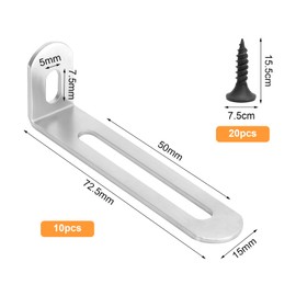 APOMOONS 10 pieces 72.5 x 24 x 15 mm angle connector with 20 screws, L angle metal 90 degree adjustment angle, stainless steel angle mounting bracket with 2 slotted holes for wood furniture