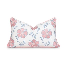 Hofdeco Premium Coastal Patio Indoor Outdoor Lumbar Pillow Cover Only, 12"x20" Water Repellent for Backyard, Couch, Blush Pink Baby Blue Embroidered Hibiscus Floral with Piping