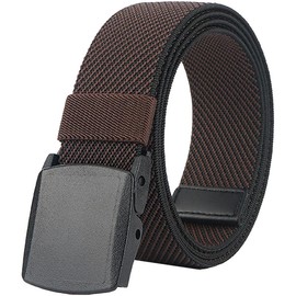 LionVII Men's Stretch Belts -Breathable Web Belt for Men with No Metal Plastic Buckle for Work Sports, Adjustable Casual Waistband [53" L x 1.5" W] - Color: Coffee