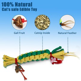LuckyOpt Cat Chew Toys, Natural Catnip Toys Interactive Cat Rope Toys with Feather & Beads, 22 CM Kitten Teething Toys Cat Chew Sticks Toy for Cat Teeth Cleaning Stress Release (Yellow)