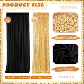 VitalCozy 4 Panels Backdrop Curtains 2 Pcs 4 x 10 ft Sequin Glitter 2 Pcs 7 x 10 ft Chiffon Photo Background Curtains for Graduation Wedding Birthday Party Decorations(Black, Gold)