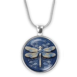 Gotham Decor Dragonfly Blue Cameo Look Round Pendant on Chain/Necklace/Dragonfly Jewelry