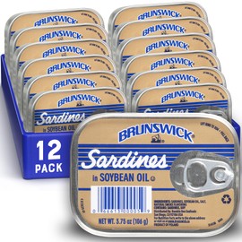 Brunswick Wild Caught Sardines in Soybean Oil, 3.75 oz Can (Pack of 12) - 14g Protein per Serving - Gluten Free, Keto Friendly, Kosher