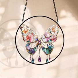PLIGREAT Butterfly Suncatcher Stained Glass Watercolour Sun Cathers Christmas Patio Garden Hanging Tree Ornaments for Living Room Bedroom Playroom Window Decoration Wall Art Decor