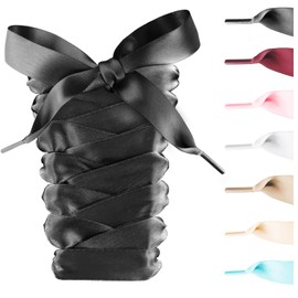 UamGlsob 3/4" Wide Ribbon Shoe Laces for Sneakers, 2CM Satin Flat Thick Fancy Silk Shoelaces Replacement for Women Girls (Black,45"/115cm)