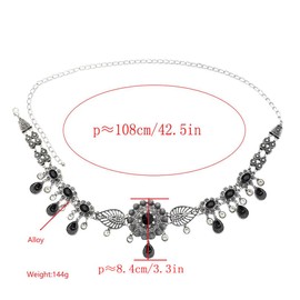 NSLS Egyptian Black Crystal Flower Waist Belly Chains Dancing Beach Belt Statement Body Chain Silver India Ethnic Boho Turkish Jewelry (BB)