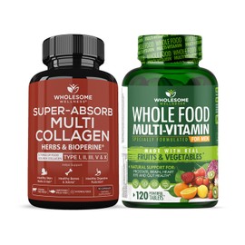 Wholesome Wellness Wholesome Wellness Super-Absorb Multi Collagen Pills (Type I II III V X) Organic Herbs and Bioperine + Whole Food Multivitamin for Men - Natural Multi Vitamins, Minerals, Organic Extracts Bundle