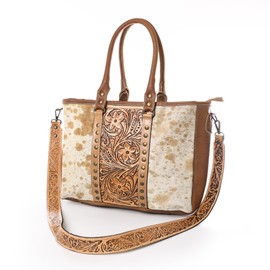 Merbaa Western Cowhide Hairon Leather Tan Tote Bag for Women With Adjustable Tooled Shoulder Strap Leather Purse
