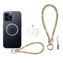 CASZONE Diamond Phone Lanyards With Phone Tether Tab,Bling Glitter Wrist Strap Keychain Bracelet Phone Charm Chain Fashion Cute Wrist Short Phone Lanyards For Girls Women,Gold