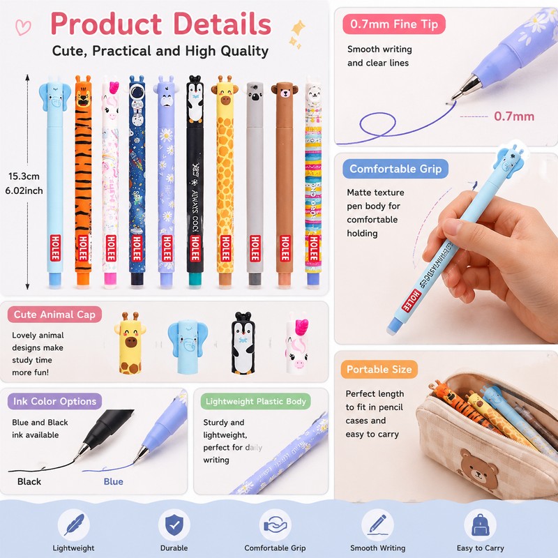 11 Pieces Cute Animal Erasable Gel Pen for School Writing