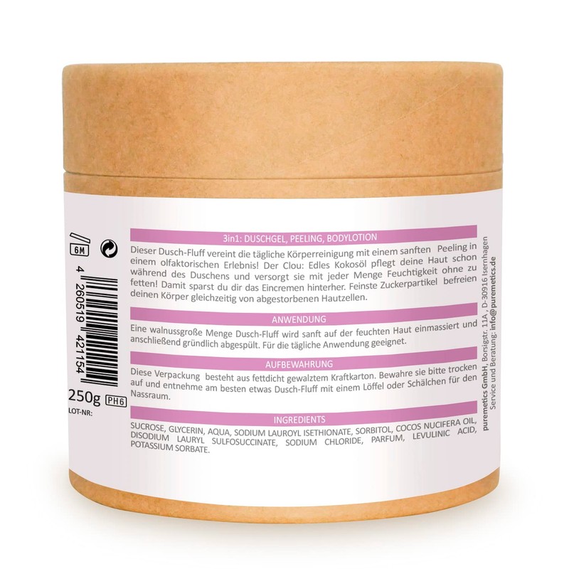 Puremetics 3-in-1 Shower Fluff (250 g), Shower Gel, Peeling and