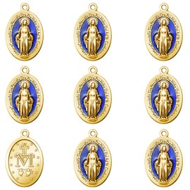 YionZian 50Pieces Small Metal Oval Blue Enamel Our Lady Religious Medal Charm Jesus Virgin Mary Pendants for Diy Bracelet Necklace Jewelry Making Supplies