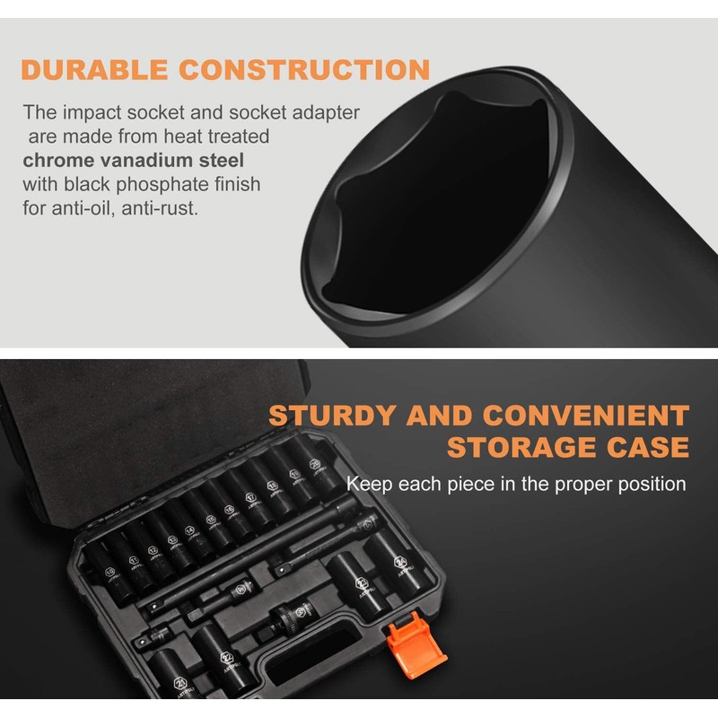ARTIPOLY 20 Pieces 1/2" Drive Metric Deep Impact Socket Set,10mm-24mm