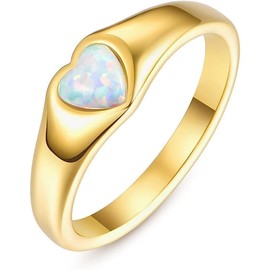 TUNGSTORY Opal Rings for Women 14K Gold Plated Signet Ring Heart/Oval Shaped Promise Ring for Her Size S