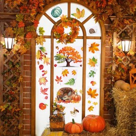 9 Sheets Fall Window Clings, Maple Stickers, Thanksgiving Fall Decorations for Home -Double-Sided Window Decals for Autumn Thanksgiving Harvest Party, Pumpkin Leaves Window Stickers Decor