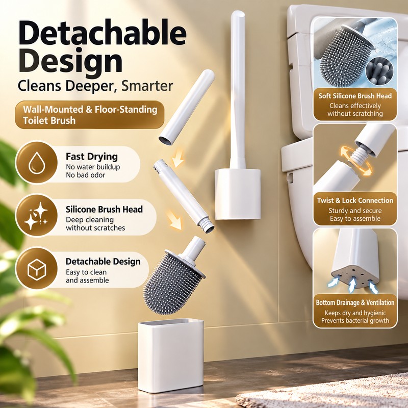 Silicone Toilet Brush for Bathroom Cleaning – Long Handle Wall-Mounted