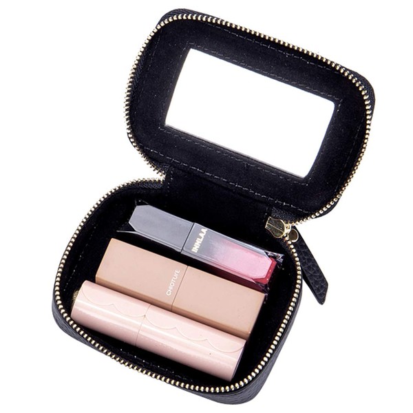 Aileder Mini Lipstick Case with Mirror Genuine Leather Small Travel Makeup Cosmetic Bag Storage Bag for Women Girls, black, Cosmetic bag