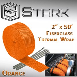Stark 2" x 50FT Exhaust Header Fiberglass Heat Wrap Tape w/ 5 Steel Ties - Orange (M)