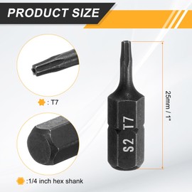 HARFINGTON 2pcs T7 Torx Screwdriver Bit 1/4" Hex Shank 25mm/1" Length S2 Steel Star 6 Point Head Hex Security Screw Driver Bits with Hole for Impact Electric Screw Driver Power Tools, Black