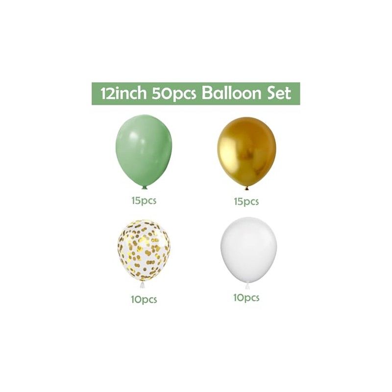 ZOOYOO 50pcs Balloons 12 Inch Sage Green Gold White Confetti