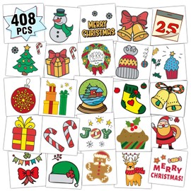 Partywind 408 PCS Kids Tattoos for Party Supplies, Individually Wrapped Sheet Temporary Tattoos Stickers for Kids Goodie Bag Stuffers, Fun Birthday Party Favors - Christmas