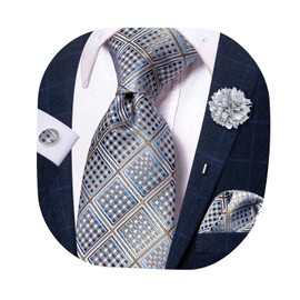 Hi-Tie Mens Tie Lapel Pin Set Jacquard Ties for Men Pocket Square Cufflinks for Formal Wedding Prom,Blue Brown Plaid